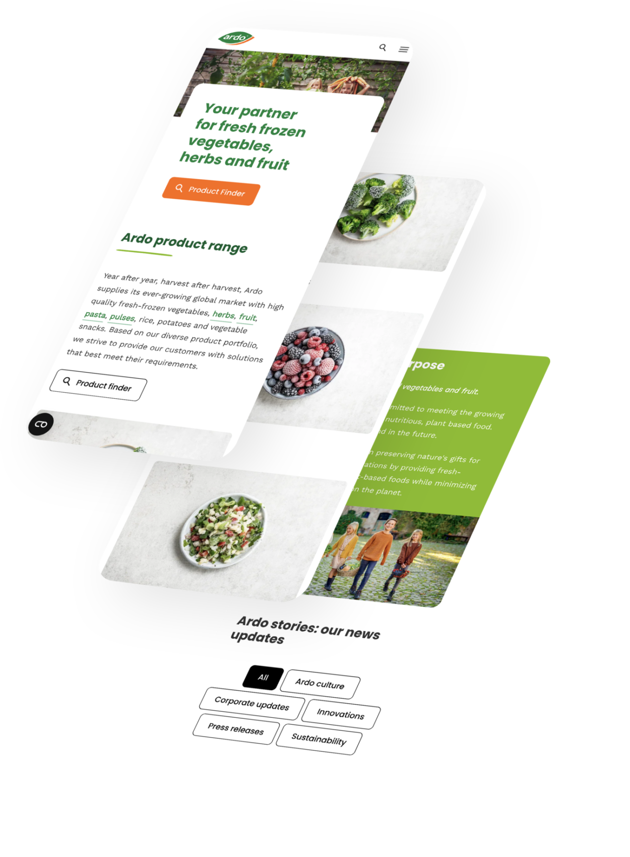 Een homepagina van Ardo op mobiele weergave