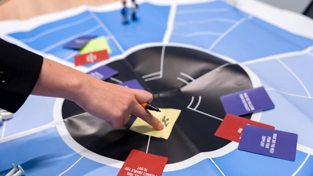 Persoon die wijst naar een post-it op een cirkeldiagram in een workshop