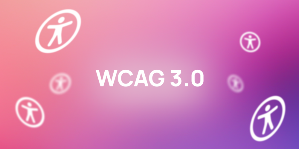 Witte tekst "WCAG 3.0" op een paars-roze achtergrond met zwevende witte iconen van het universele toegankelijkheidssymbool.