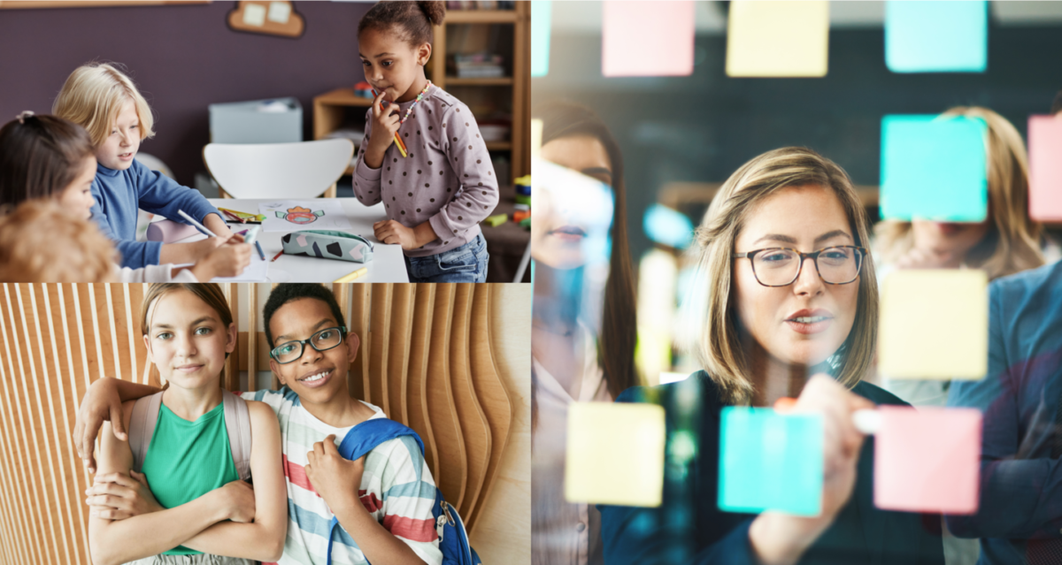 Foto's tonen verschillende doelgroepen zoals studenten, leerkrachten, jonge ondernemers, scholieren en mentoren in educatieve en zakelijke omgevingen.