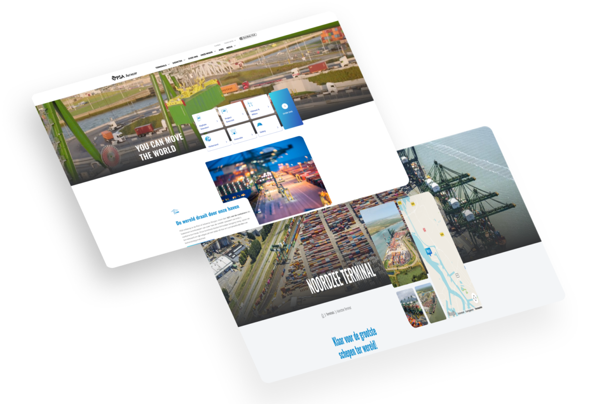 Screenshot van de PSA Antwerp website met een overzicht van de Noordzee Terminal, inclusief havenkranen, containerschepen en diensten zoals hinterland connectivity en digitale oplossingen.