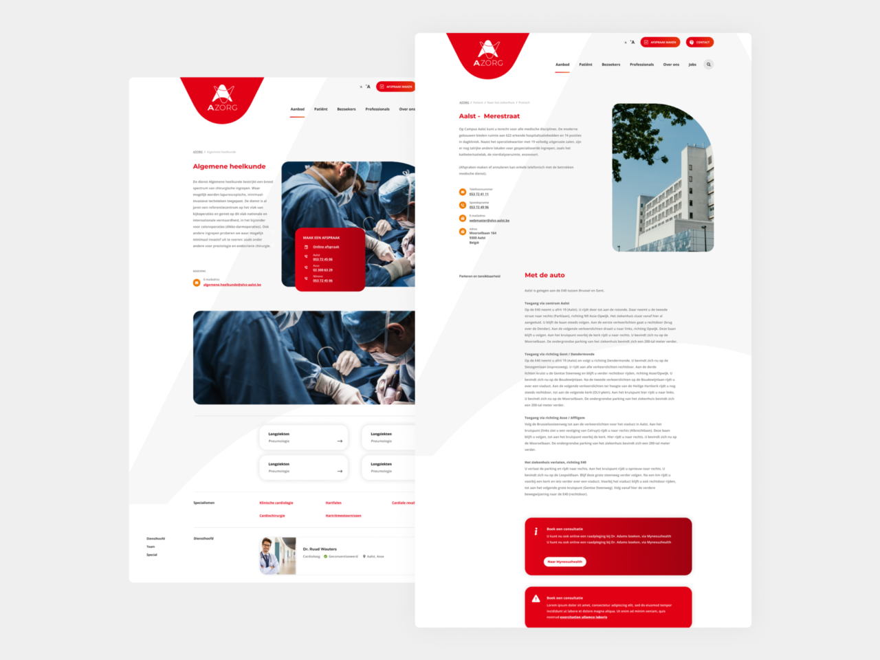 Overlappende webpagina’s van de Zorg-website: een informatieve pagina over algemene heelkunde en een locatiepagina.