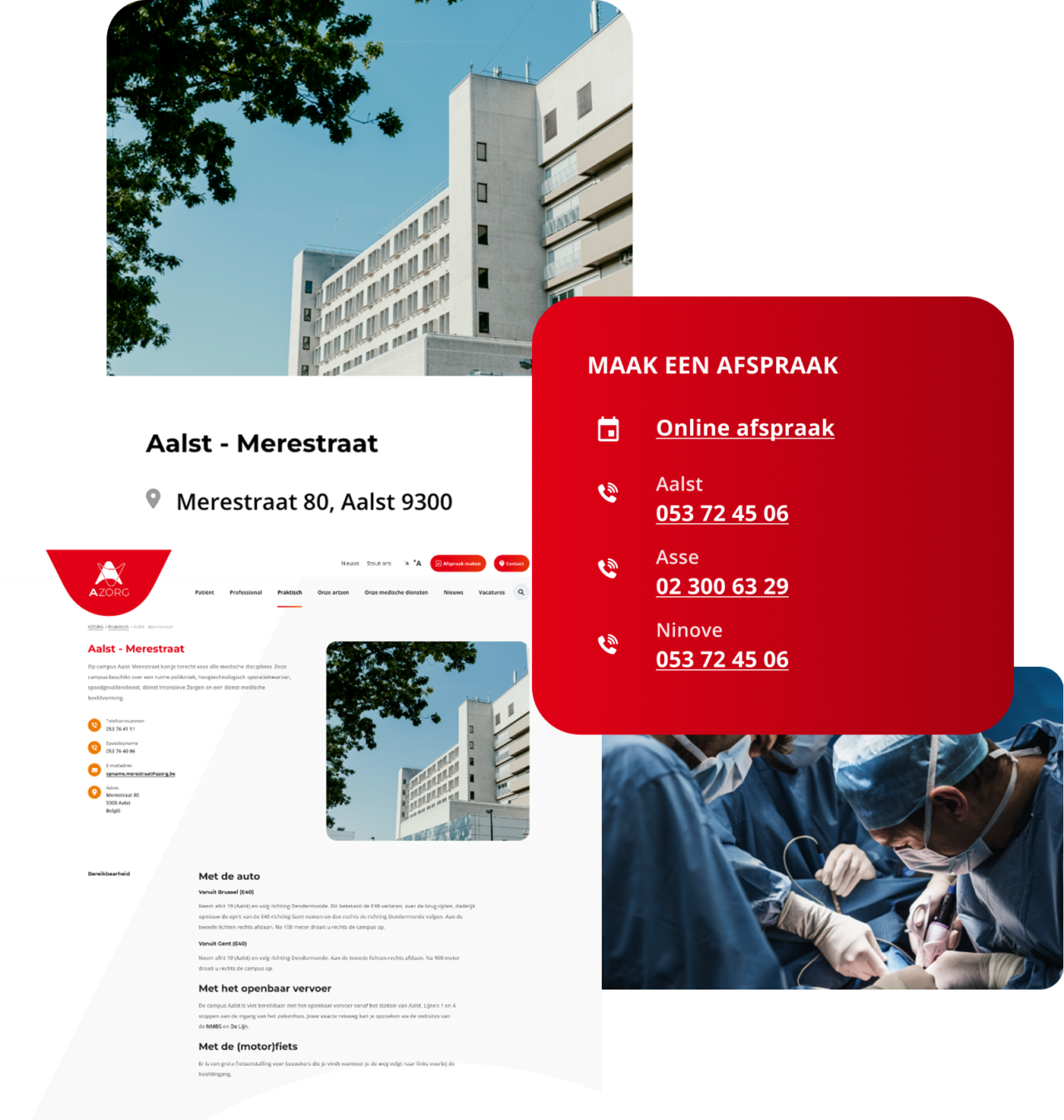 Compositie van overlappende secties op de contactpagina van de Azorg-website.