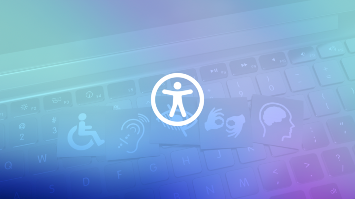 Universeel toegankelijkheidssymbool boven een laptoptoetsenbord met iconen voor fysieke, auditieve, visuele en cognitieve beperkingen.