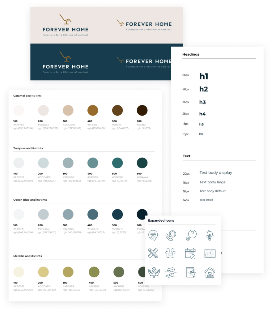 Verschillende branding stukken zoals font, kleuren, logo..