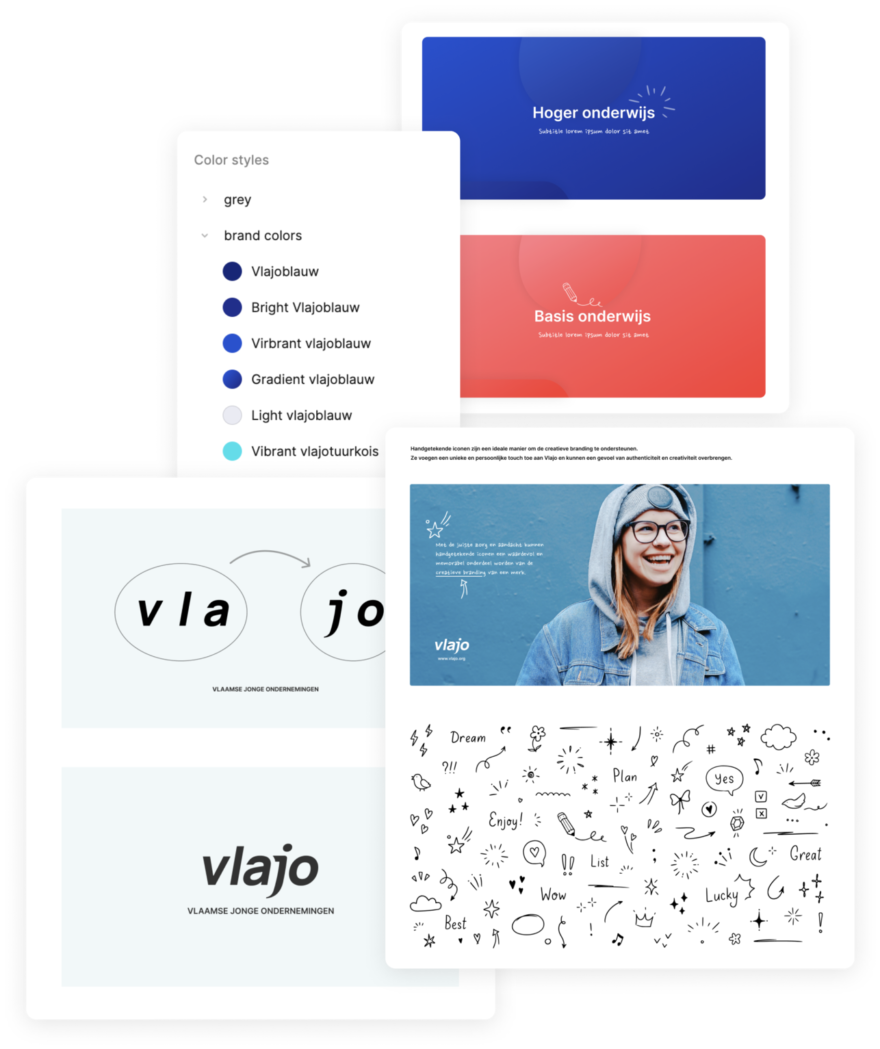 De afbeelding toont een overzicht van visuele elementen, waaronder kleurstijlen, logovarianten, en een aantal creatieve iconen, die gebruikt worden in het branding- en designproces van Vlajo (Vlaamse Jonge Ondernemingen).