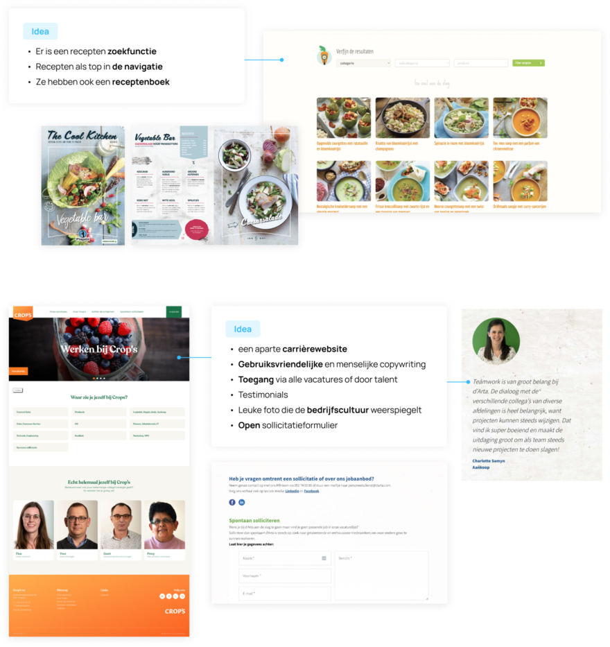 Webpagina's met pijlen. Aan het einde van de pijlen staan er tips of ideeën hoe je website beter aan te pakken