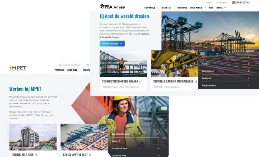 Twee overlappende screenshots van de websites van PSA Antwerp en MPET. De bovenste screenshot toont de homepage van PSA Antwerp met een grote foto van een containerkraan en de tekst 'You can move the world'. De onderste screenshot toont de 'Werken bij MPET' pagina met een medewerker in veiligheidskledij en links naar diverse vacatures.